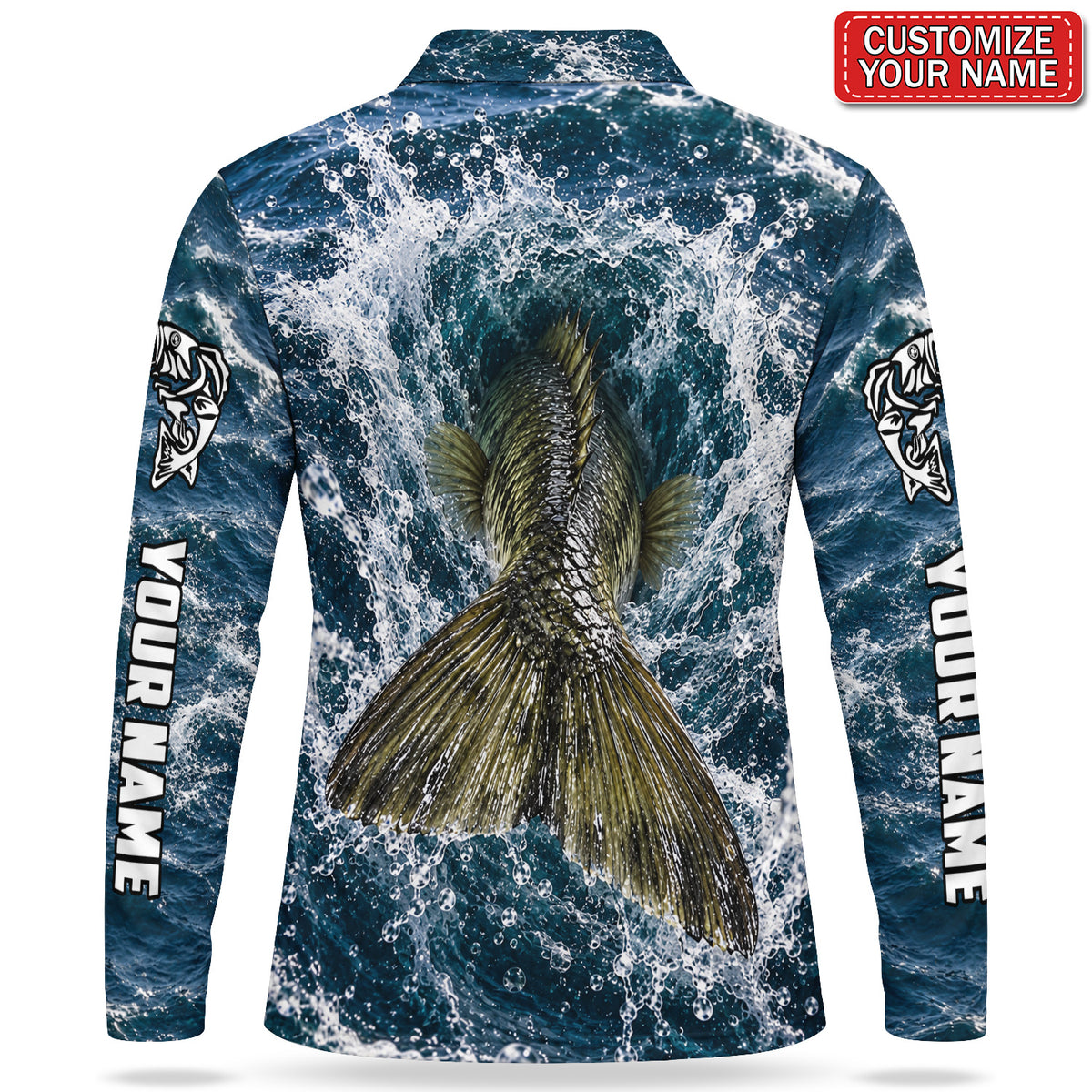 Personalized Bass Water Splash Men's Long Sleeve Fishing Polo