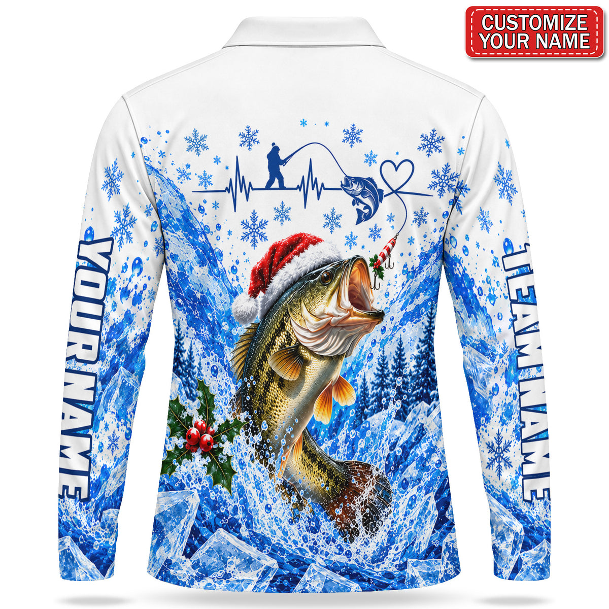 Personalized Santa Hat Bass Ice Fishing Men's Long Sleeve Polo