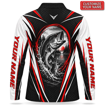 Personalized Team Bass Fishing Men's Long Sleeve Polo in Red, Black and White