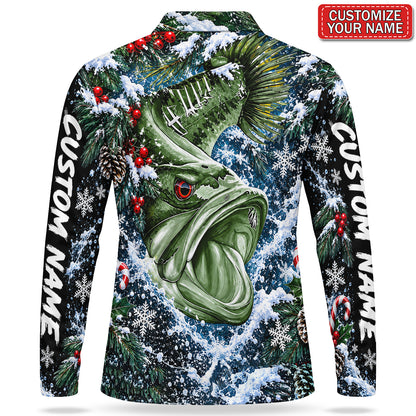 Personalized Bass and Snowy Pine Branches Men's Long Sleeve Fishing Polo
