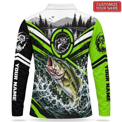 Personalized Bass Fishing Men's Long Sleeve Polo With Neon Green Lake Design