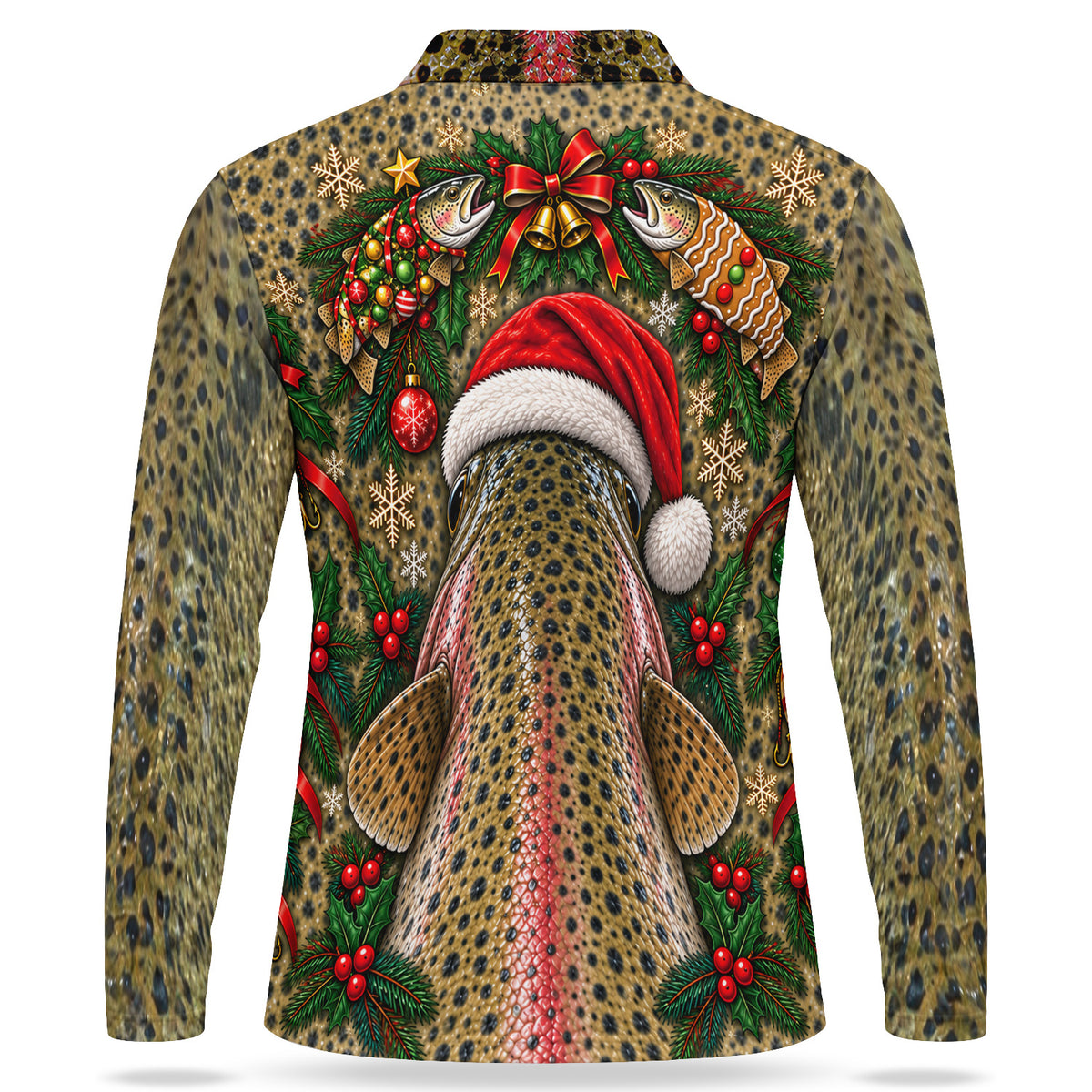 Christmas Rainbow Trout in Santa Hat Men's Long Sleeve Fishing Polo