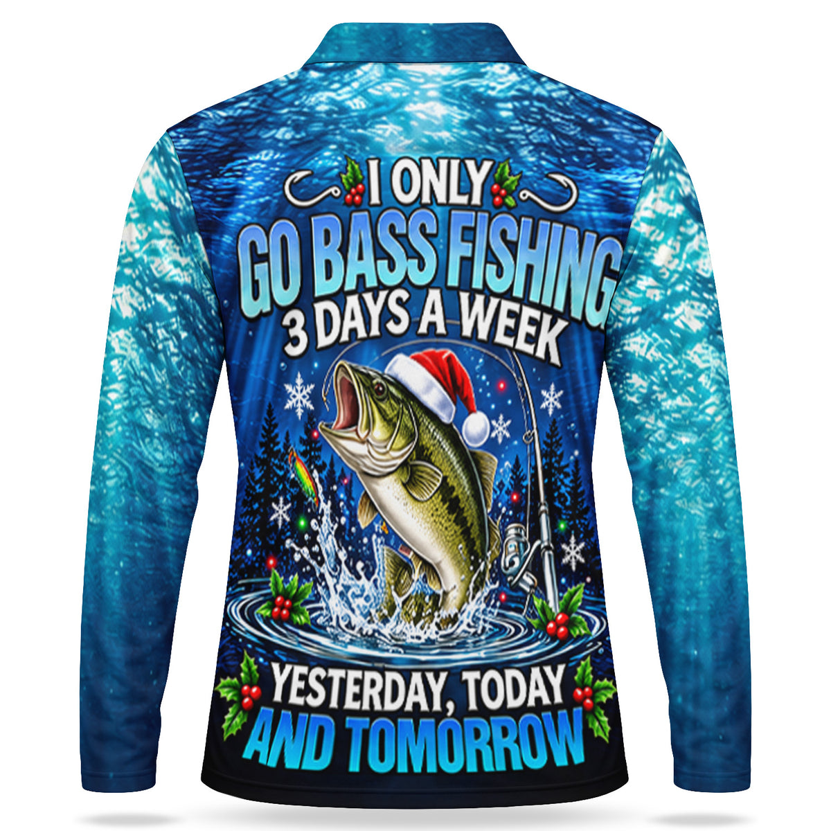 Christmas Bass Fishing Blue Underwater Men's Long Sleeve Polo