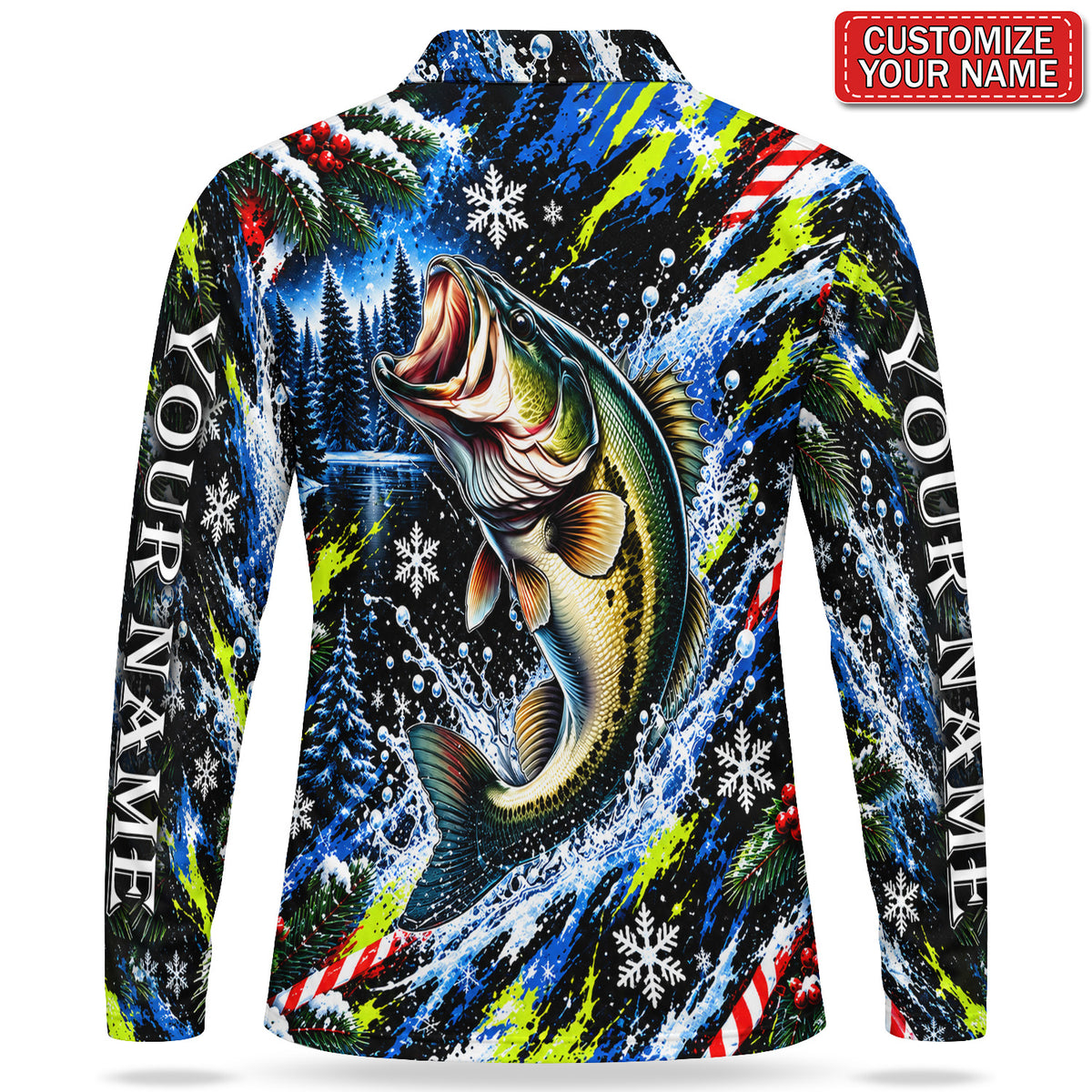Personalized Leaping Bass and Christmas Snowflakes Men's Long Sleeve Fishing Polo
