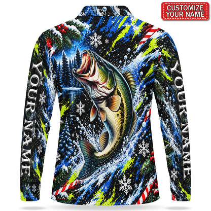 Personalized Leaping Bass and Christmas Snowflakes Men's Long Sleeve Fishing Polo