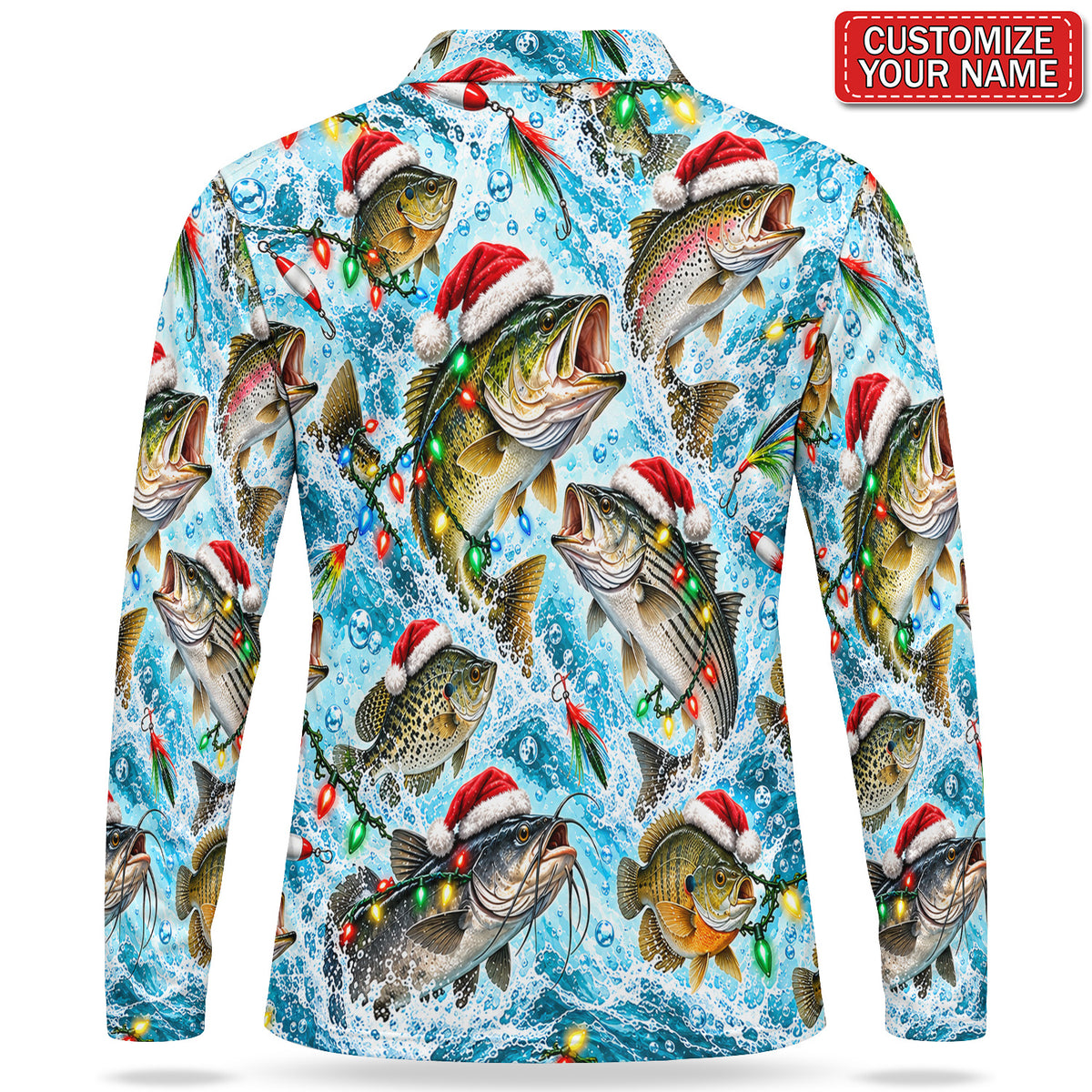 Personalized Santa Hat Fish and Christmas Lights Men's Long Sleeve Fishing Polo