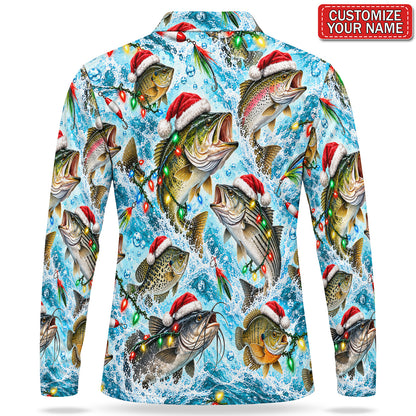 Personalized Santa Hat Fish and Christmas Lights Men's Long Sleeve Fishing Polo