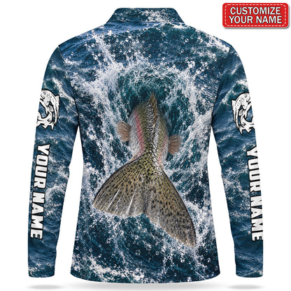 Personalized Rainbow Trout Water Splash Men's Long Sleeve Fishing Polo