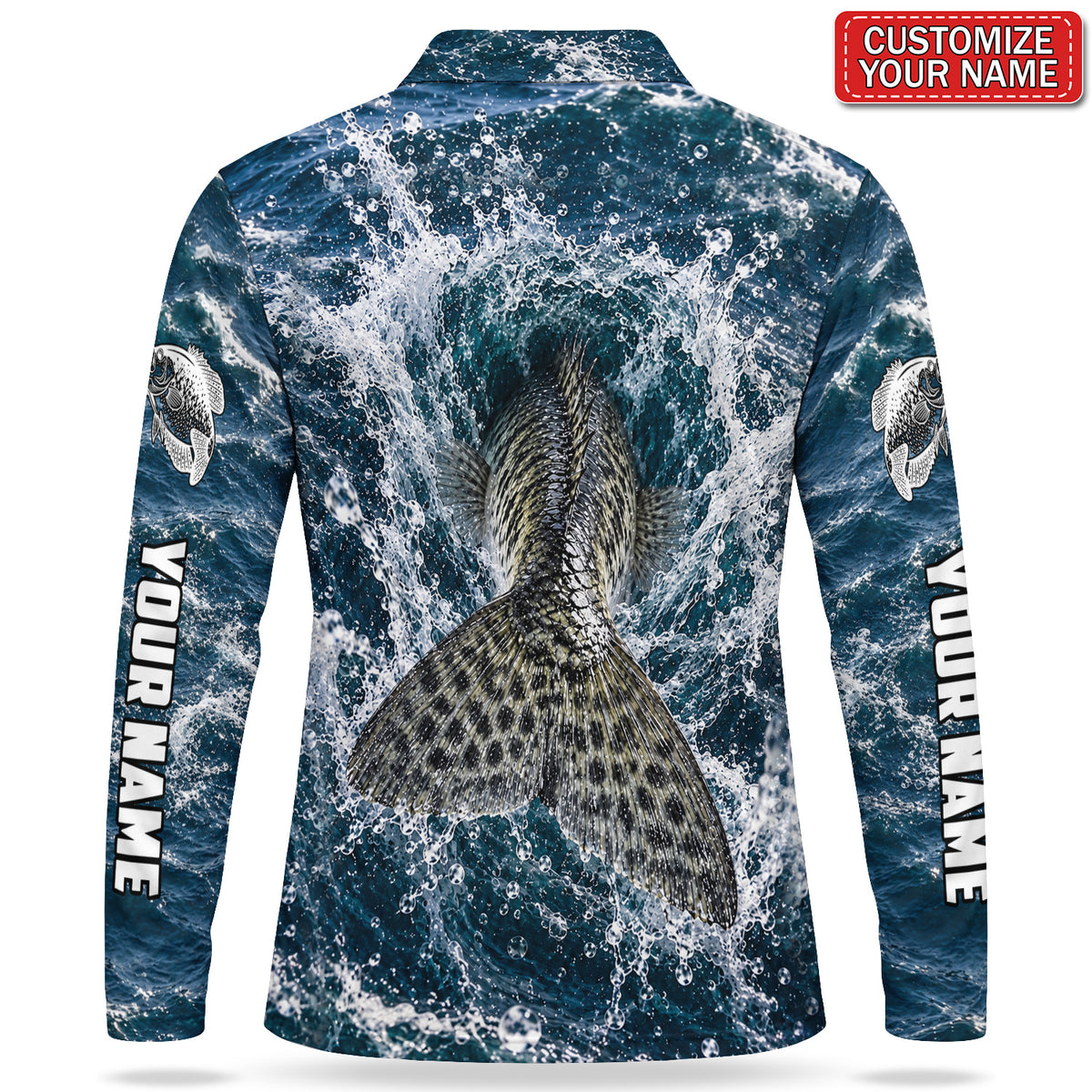 Personalized Crappie Water Splash Men's Long Sleeve Fishing Polo