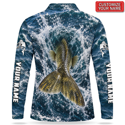 Personalized Golden Fish and Waves Fishing Men's Long Sleeve Polo