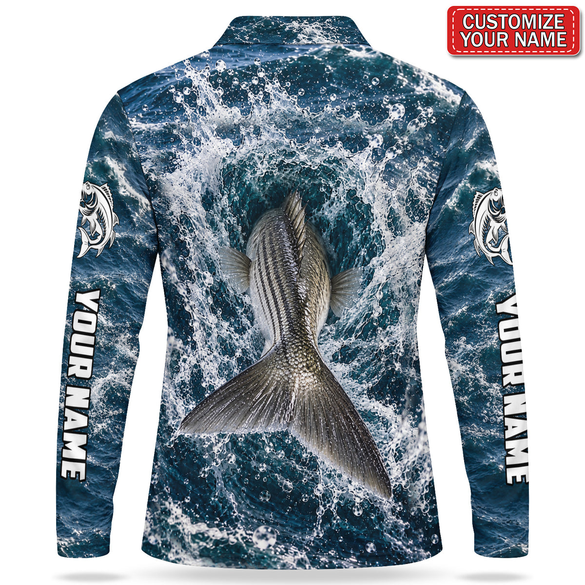 Personalized Striped Bass Splash Fishing Men's Long Sleeve Polo