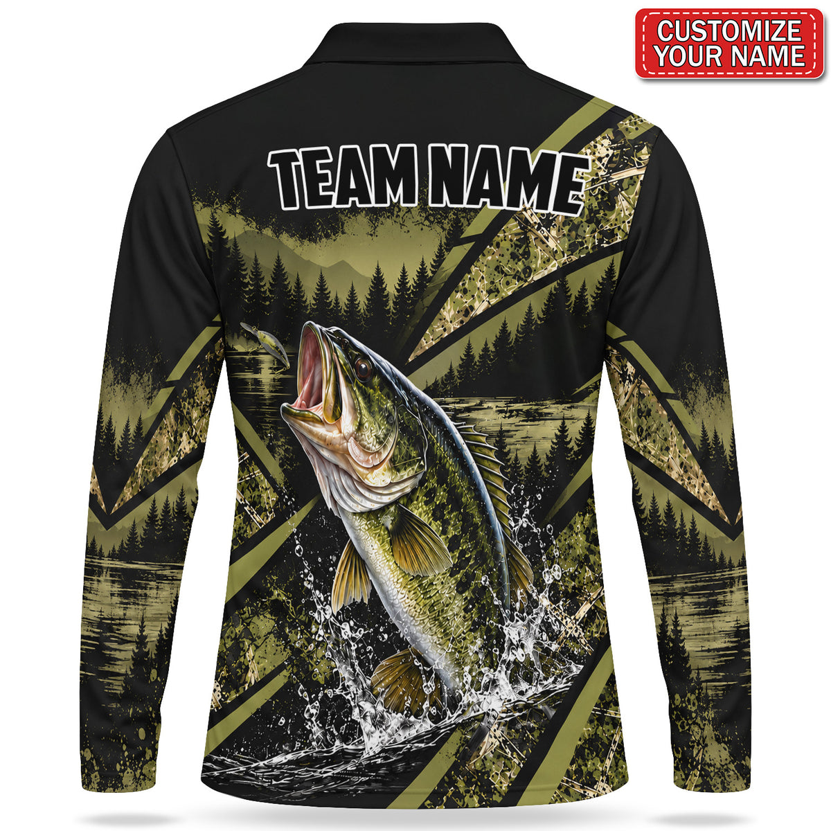 Personalized Bass Fishing Men's Long Sleeve Polo With Forest Lake Design
