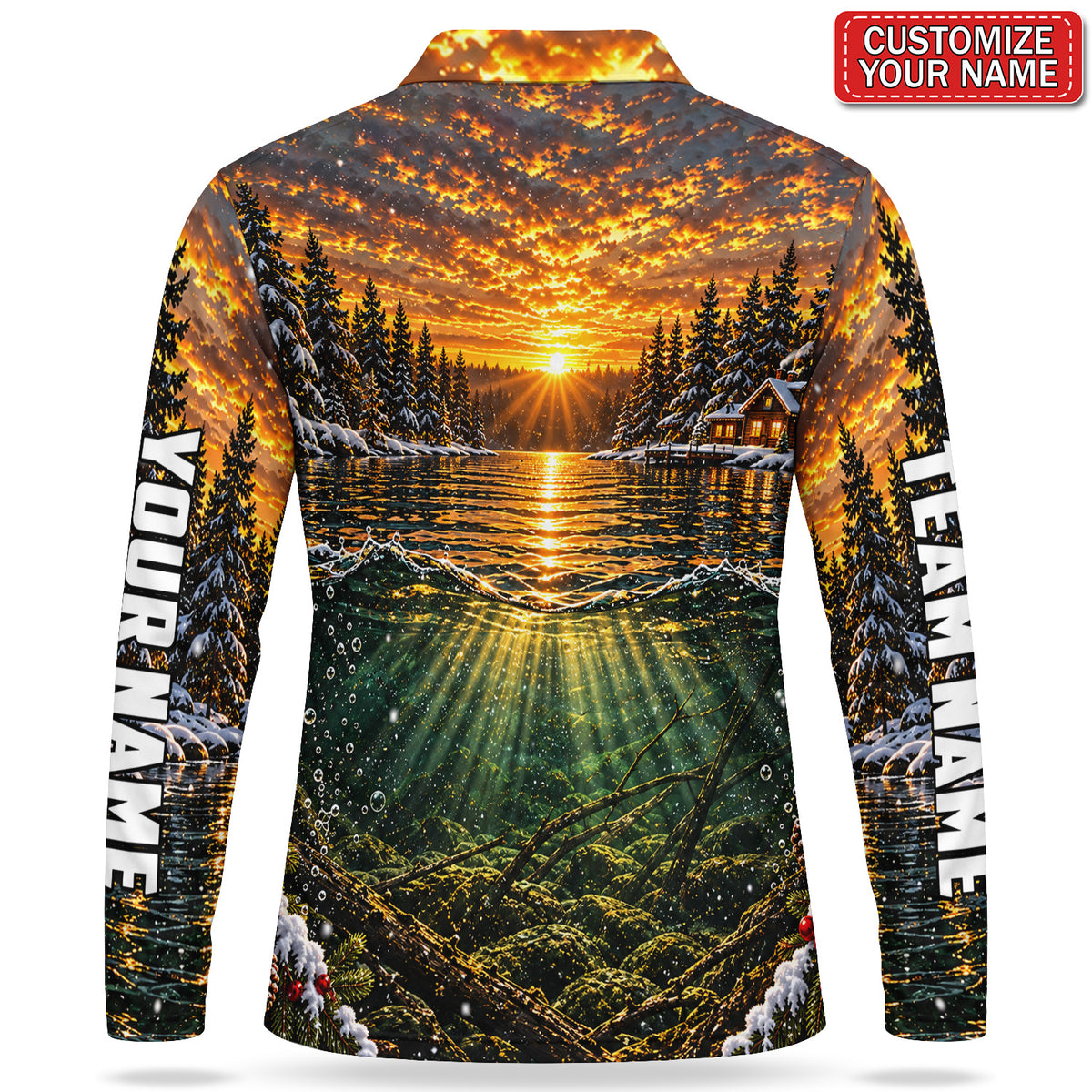 Personalized Christmas Bass Fishing Sunset Lake Men's Long Sleeve Polo