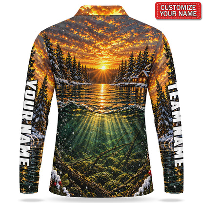 Personalized Christmas Bass Fishing Sunset Lake Men's Long Sleeve Polo
