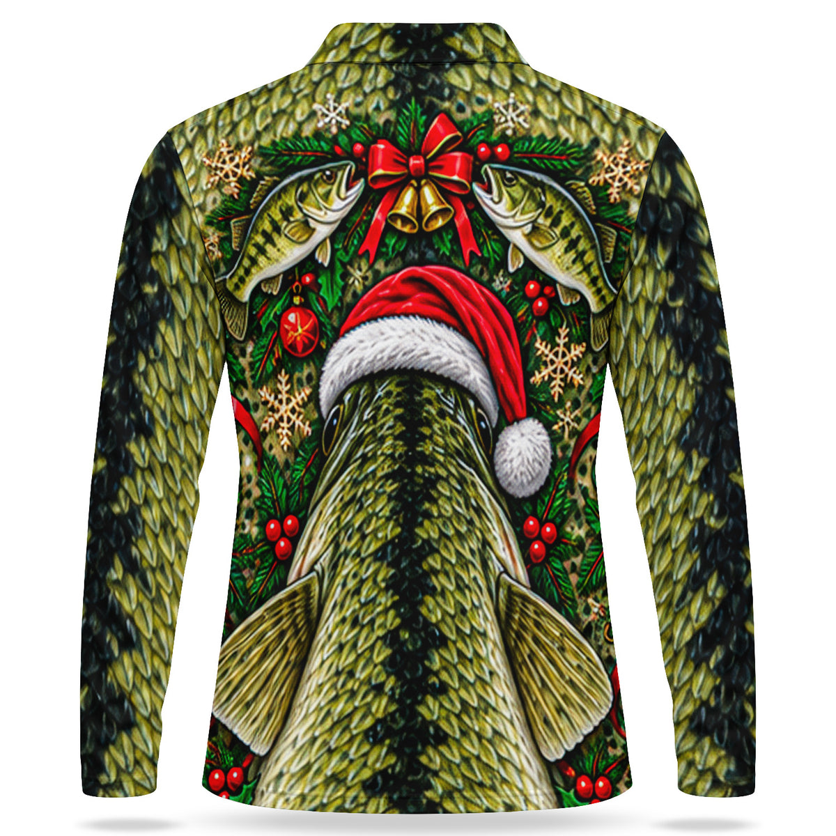 Christmas Bass Face and Holly Men's Long Sleeve Fishing Polo