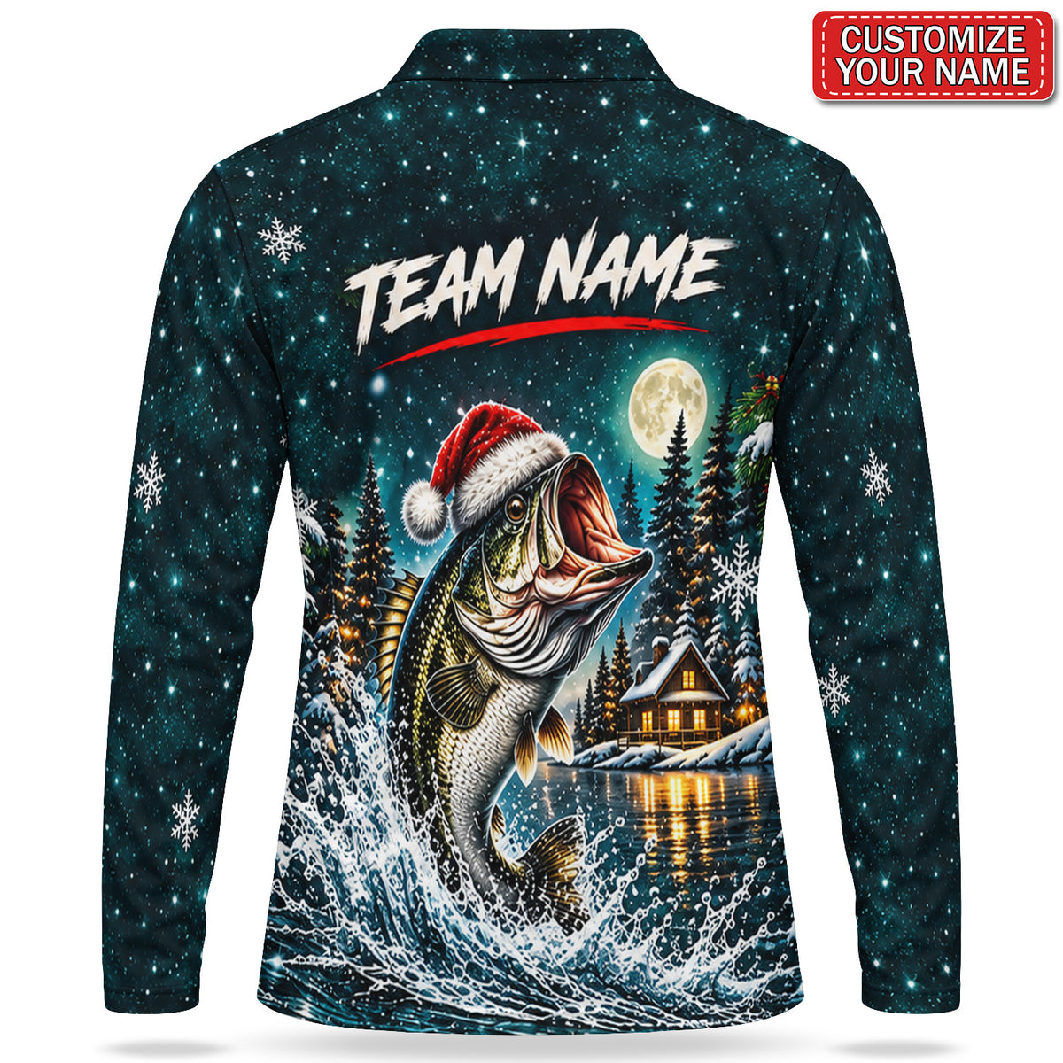 Personalized Santa Bass and Winter Lake Men's Long Sleeve Fishing Polo