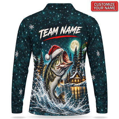 Personalized Santa Bass and Winter Lake Men's Long Sleeve Fishing Polo