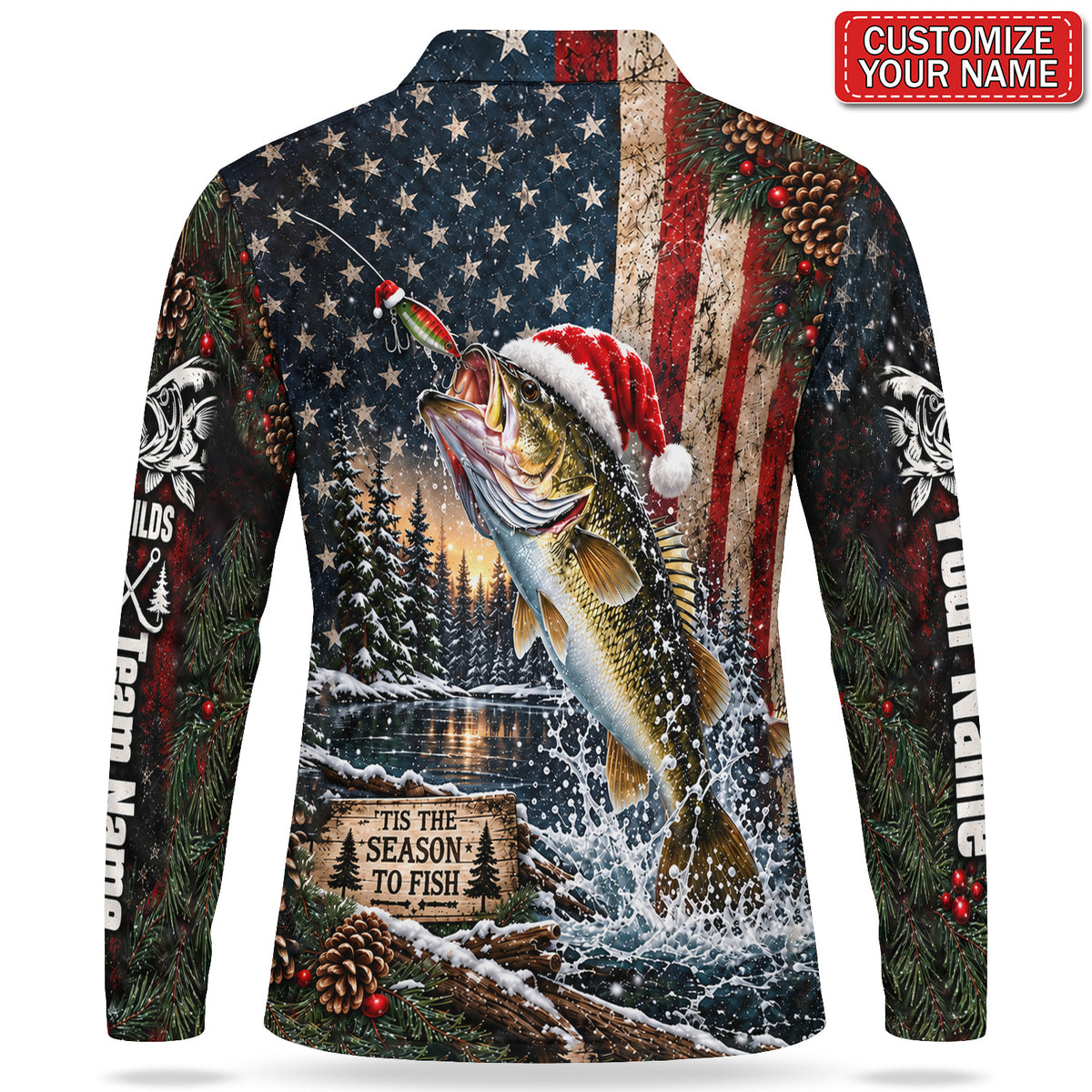 Personalized Santa Fish American Flag Men's Long Sleeve Fishing Polo