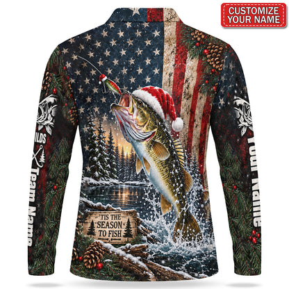 Personalized Santa Fish American Flag Men's Long Sleeve Fishing Polo