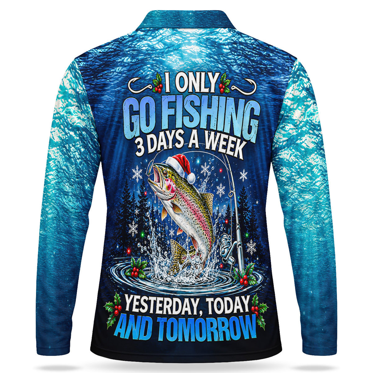 Santa Hat Trout and Blue Underwater Scene Men's Long Sleeve Fishing Polo