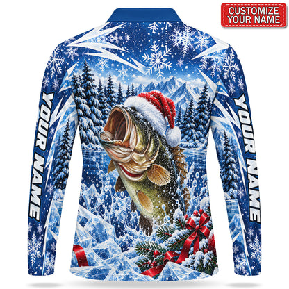 Personalized Santa Hat Bass Fishing Men's Long Sleeve Polo With Snowflakes