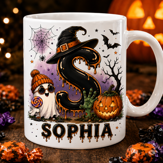 Halloween Letter Personalized Mug, Dripping Ghost Witch Coffee Mug