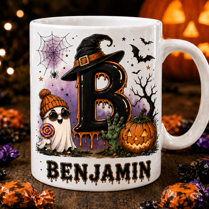 Halloween Letter Personalized Mug, Dripping Ghost Witch Coffee Mug