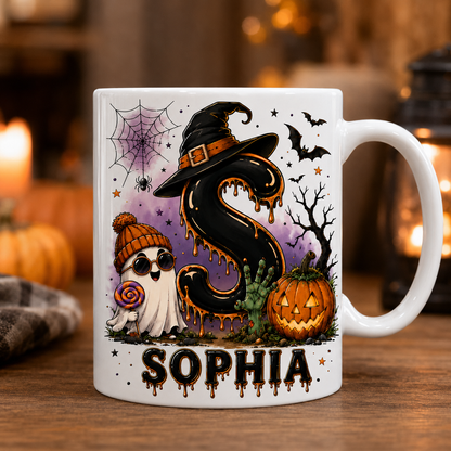 Halloween Letter Personalized Mug, Dripping Ghost Witch Coffee Mug