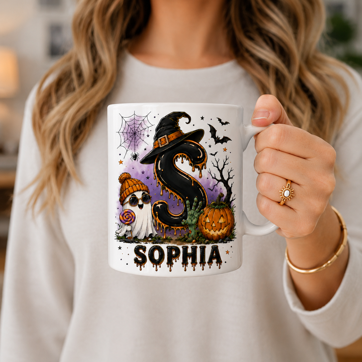 Halloween Letter Personalized Mug, Dripping Ghost Witch Coffee Mug