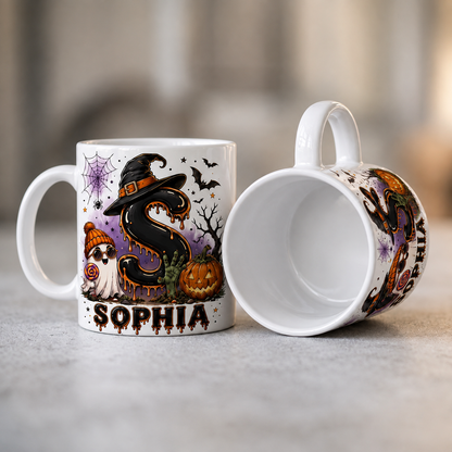 Halloween Letter Personalized Mug, Dripping Ghost Witch Coffee Mug