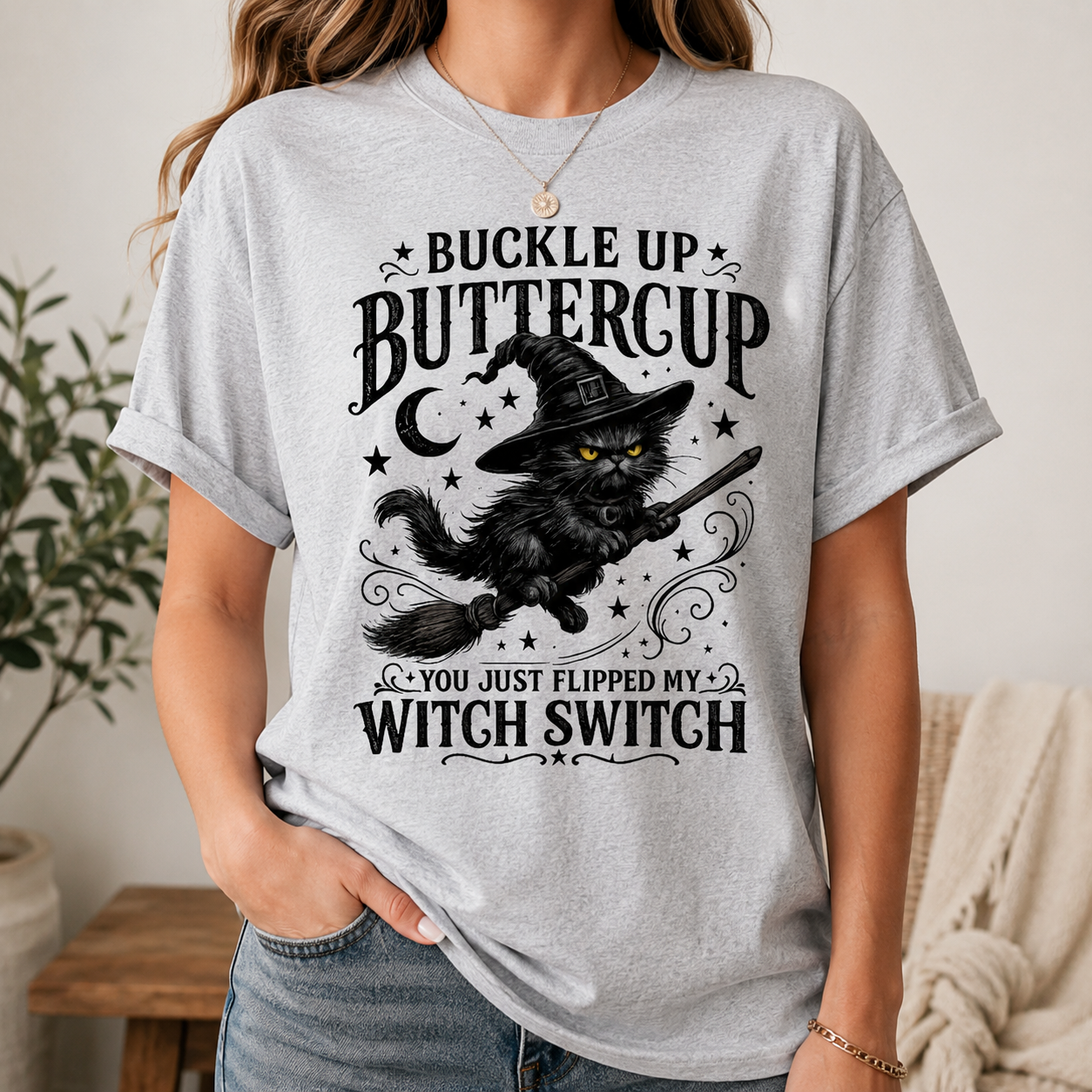 Buckle Up Buttercup Witch Switch Shirt, Funny Black Cat Halloween Tee, Vintage Witch Graphic Shirt
