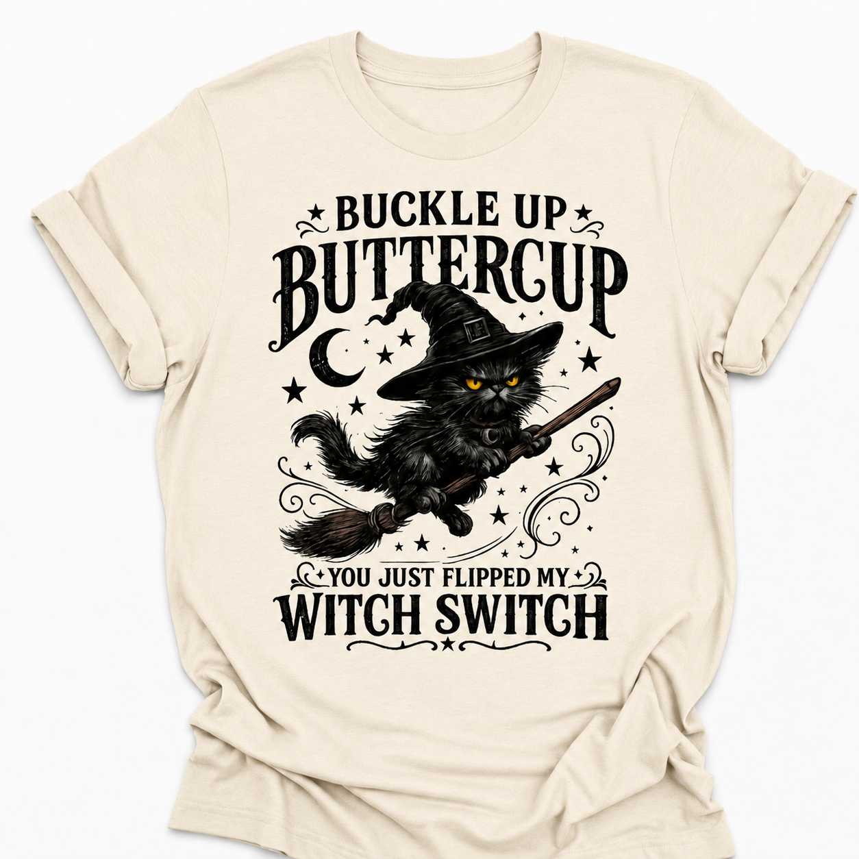 Buckle Up Buttercup Witch Switch Shirt, Funny Black Cat Halloween Tee, Vintage Witch Graphic Shirt