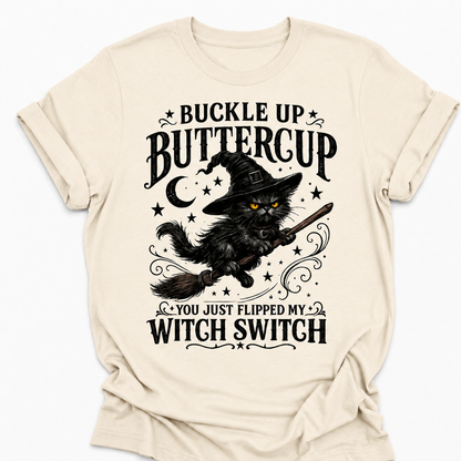 Buckle Up Buttercup Witch Switch Shirt, Funny Black Cat Halloween Tee, Vintage Witch Graphic Shirt