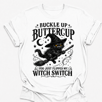Buckle Up Buttercup Witch Switch Shirt, Funny Black Cat Halloween Tee, Vintage Witch Graphic Shirt