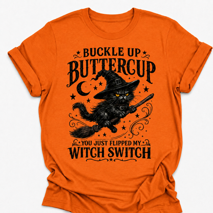 Buckle Up Buttercup Witch Switch Shirt, Funny Black Cat Halloween Tee, Vintage Witch Graphic Shirt