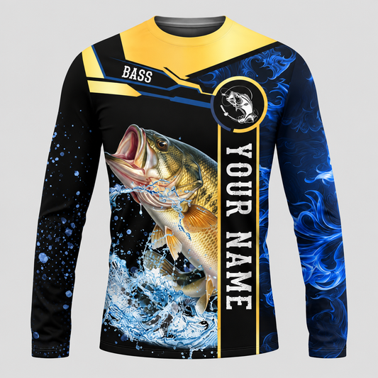 Largemouth Bass Fishing Golden & Blue Flame Pattern UPF Long Sleeve Shirts - Custom Name & Team Name