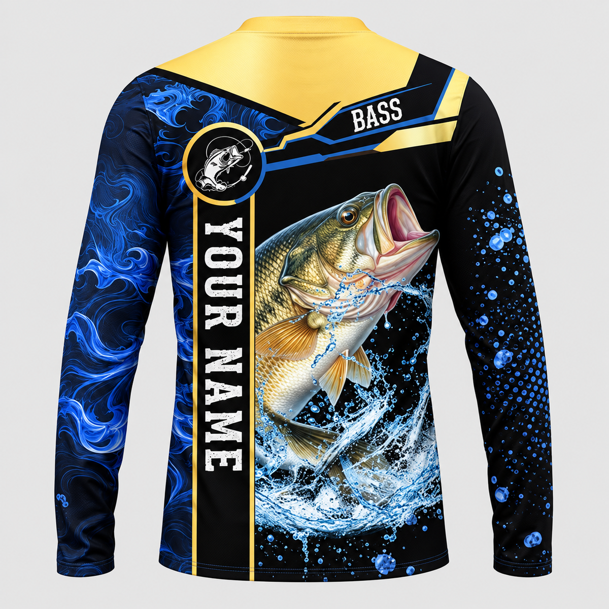 Largemouth Bass Fishing Golden & Blue Flame Pattern UPF Long Sleeve Shirts - Custom Name & Team Name