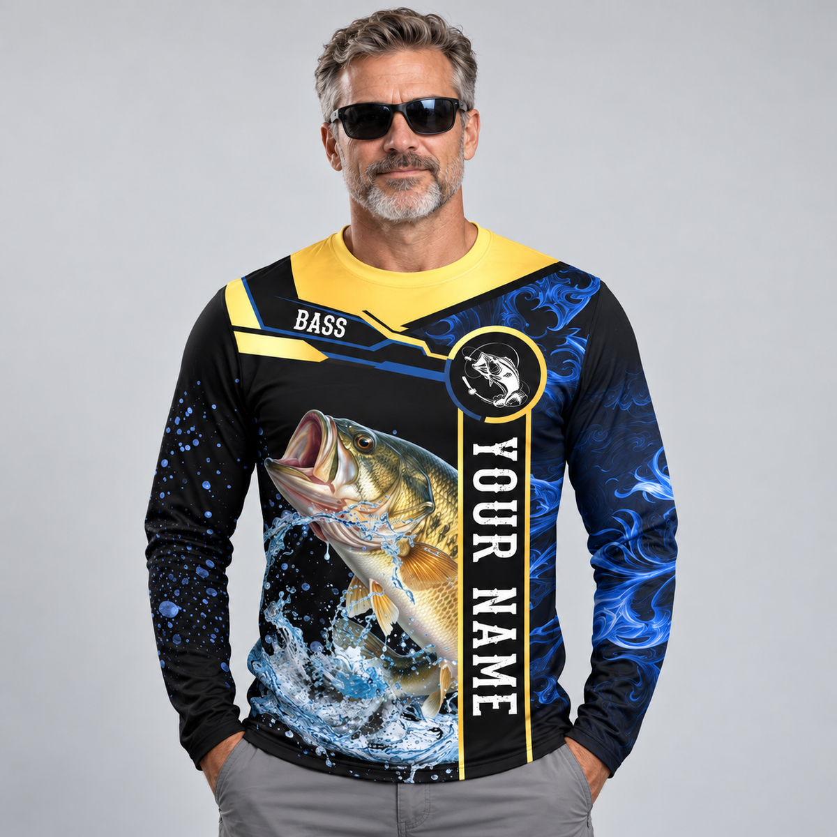 Largemouth Bass Fishing Golden & Blue Flame Pattern UPF Long Sleeve Shirts - Custom Name & Team Name