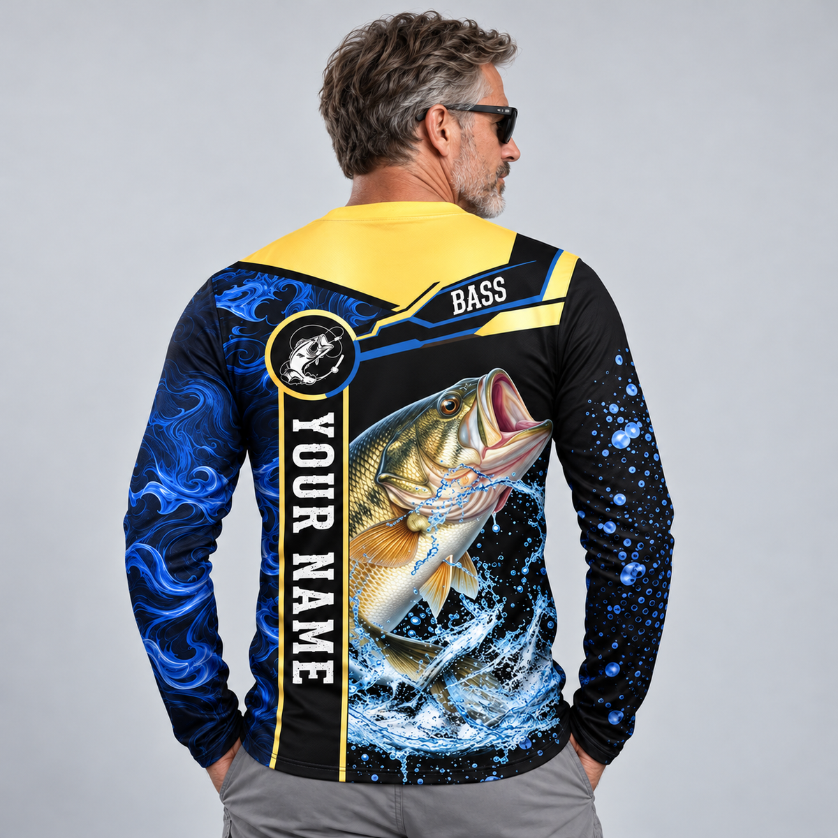 Largemouth Bass Fishing Golden & Blue Flame Pattern UPF Long Sleeve Shirts - Custom Name & Team Name