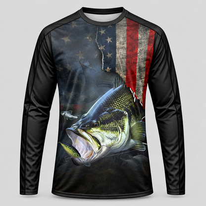 American Flag Largemouth Bass Long Sleeve Fishing Shirt - Custom Fishing Jersey with Name