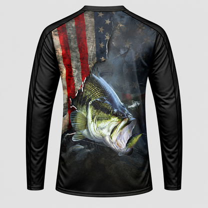 American Flag Largemouth Bass Long Sleeve Fishing Shirt - Custom Fishing Jersey with Name