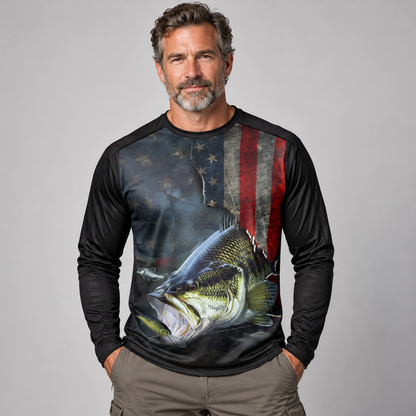 American Flag Largemouth Bass Long Sleeve Fishing Shirt - Custom Fishing Jersey with Name