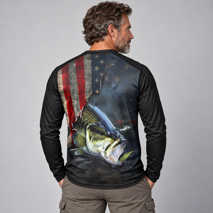 American Flag Largemouth Bass Long Sleeve Fishing Shirt - Custom Fishing Jersey with Name