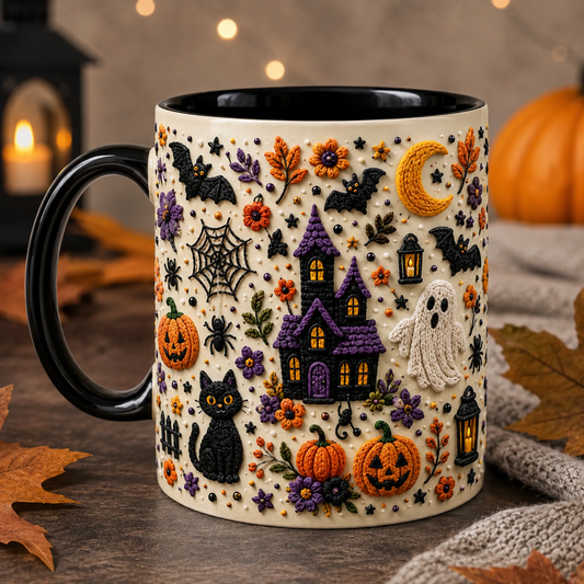 Halloween Haunted House Mug, 3D Effect Black Cat Ghost Coffee Cup, Spooky Fall Gift