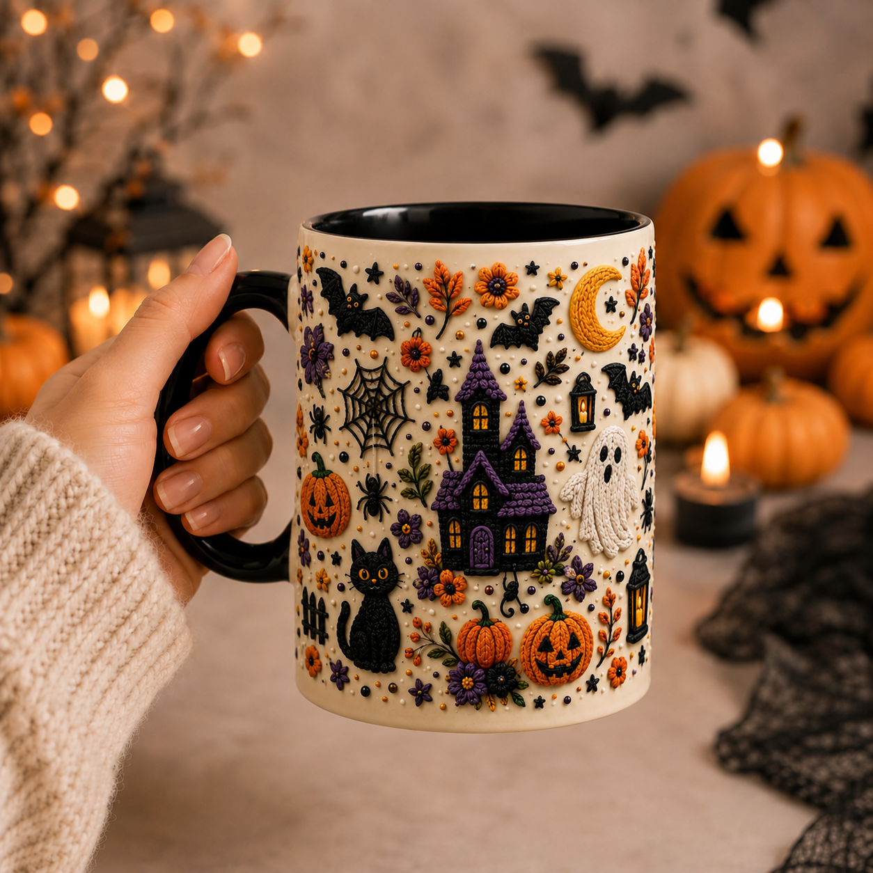 Halloween Haunted House Mug, 3D Effect Black Cat Ghost Coffee Cup, Spooky Fall Gift