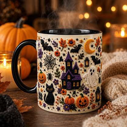 Halloween Haunted House Mug, 3D Effect Black Cat Ghost Coffee Cup, Spooky Fall Gift