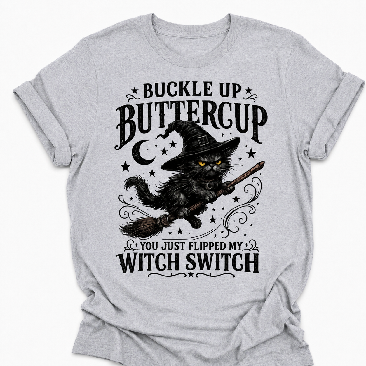 Buckle Up Buttercup Witch Switch Shirt, Funny Black Cat Halloween Tee, Vintage Witch Graphic Shirt