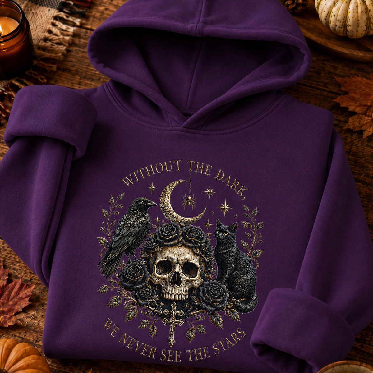 Dark Gothic Halloween T-Shirt, Black Cat & Raven Skull Spooky Tee