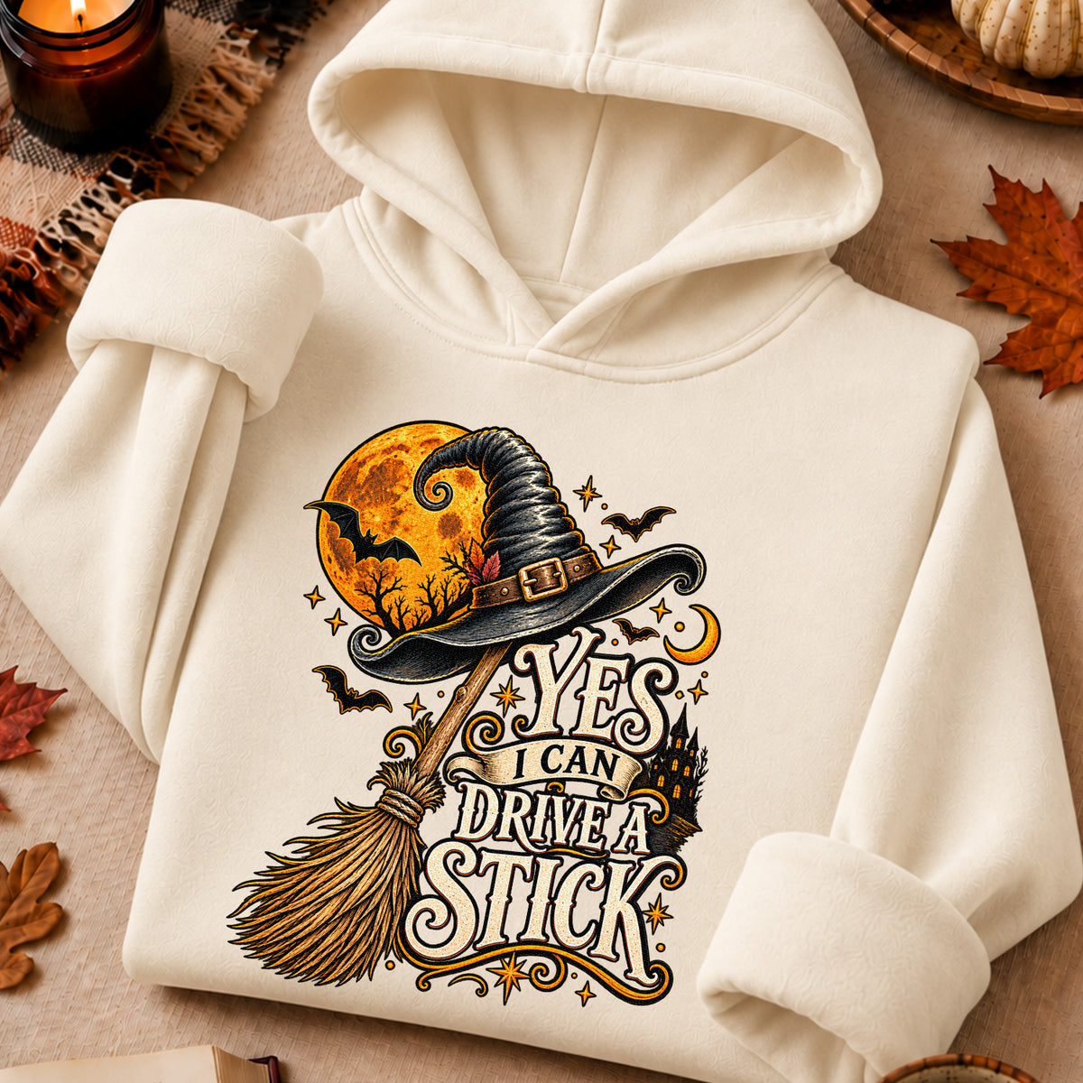 Yes I Can Drive a Stick Witch Hat and Broom Halloween T-Shirt