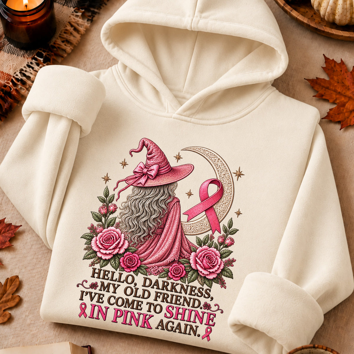Hello Darkness My Old Friend I've Come to Shine in Pink Again Witch Breast Cancer Awareness T-Shirt